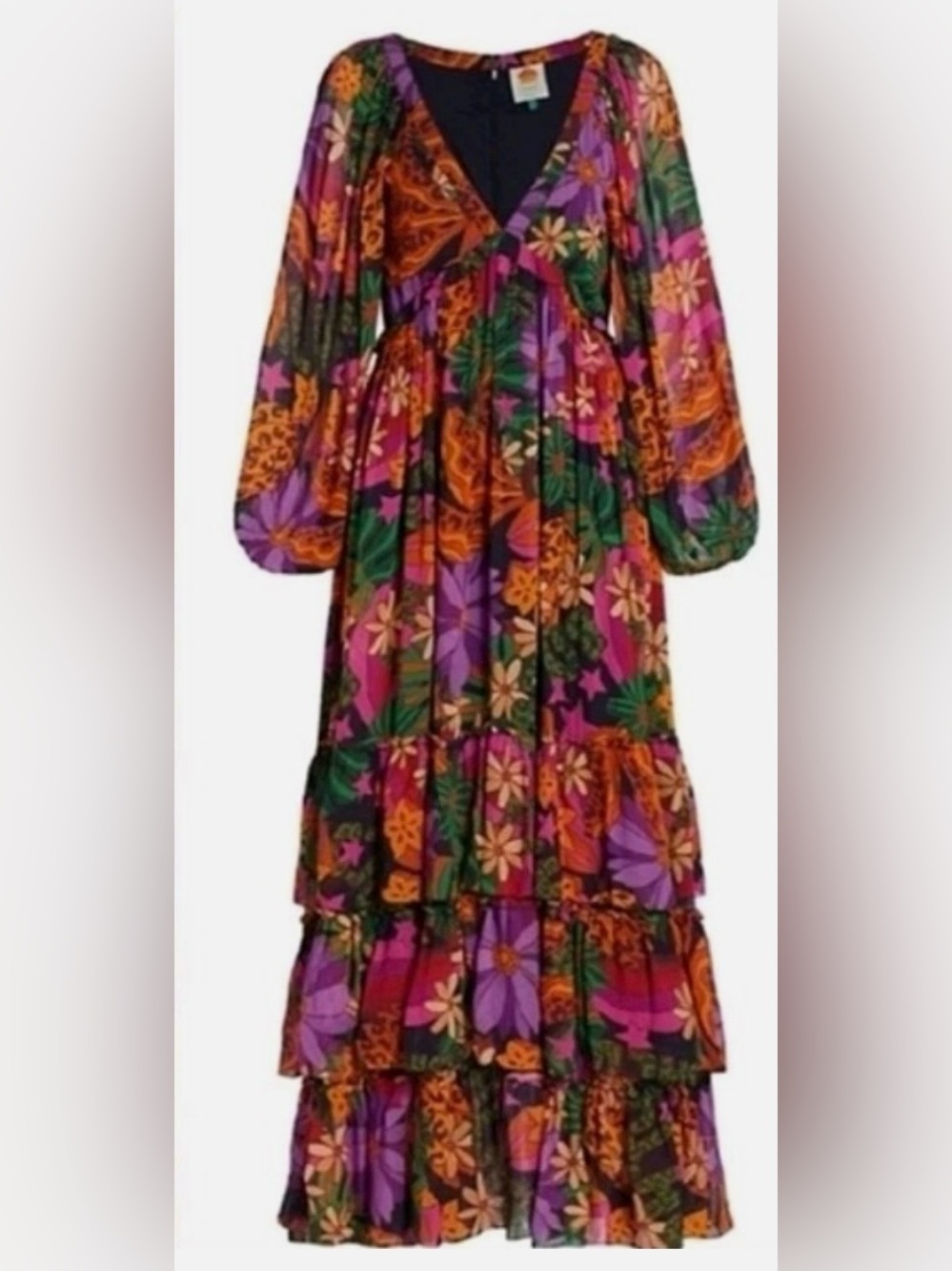 FARM Rio Star Fruit Floral Tiered Maxi Dress in Purple, Green & Yellow Sz Small